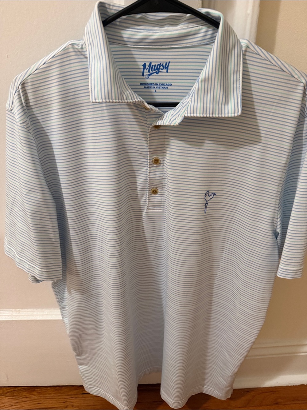 Mugsy Men's Light Blue Striped Polo Shirt size L